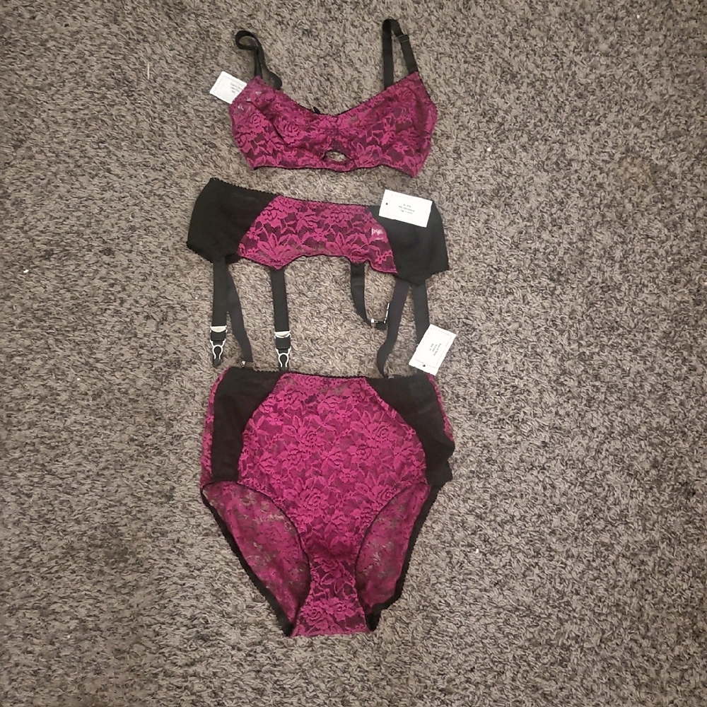 NWT What Katie Did 3 Piece Lingerie Set Victoria Lace Bra Garter Belt Panty 34E